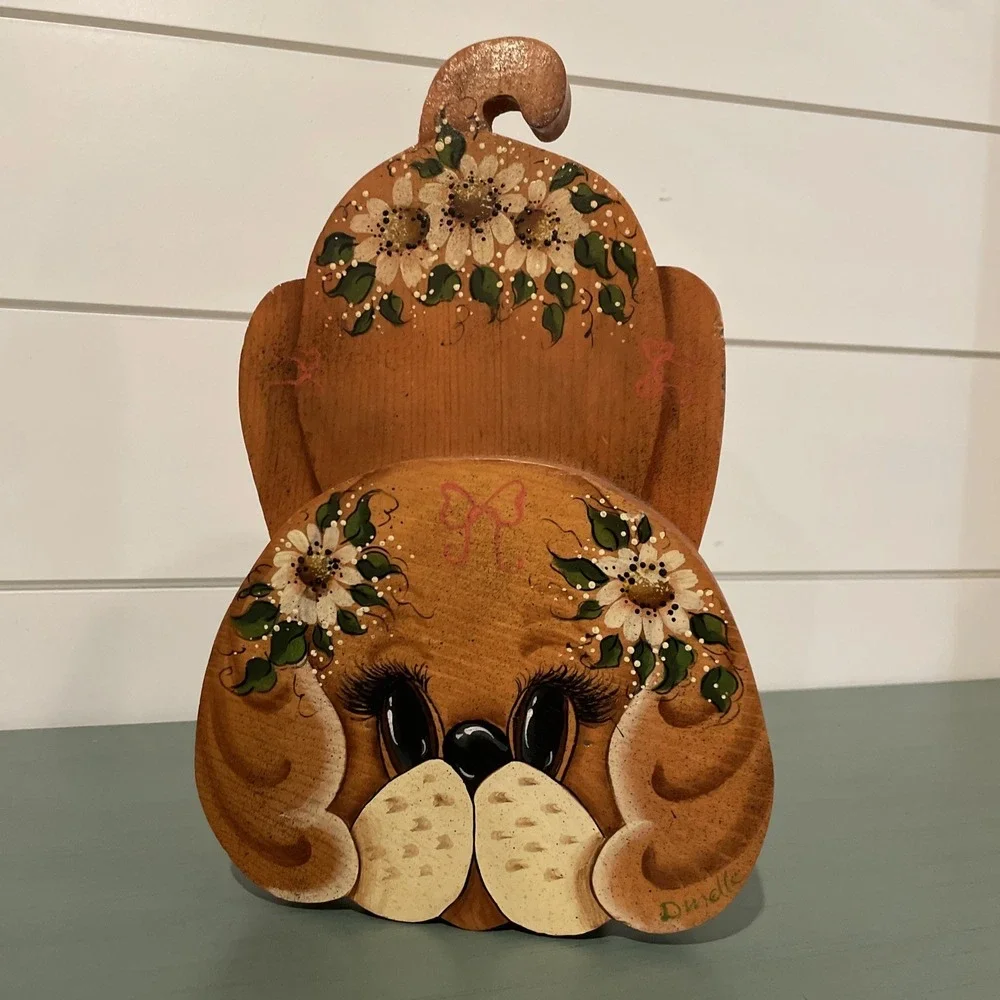 Vintage Hand Painted Wood Puppy Dog‎ Door Stop Floral Rustic Cottagecore